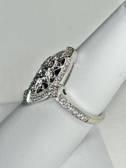 Art Deco revival navette ring in 14k white gold with diamonds.