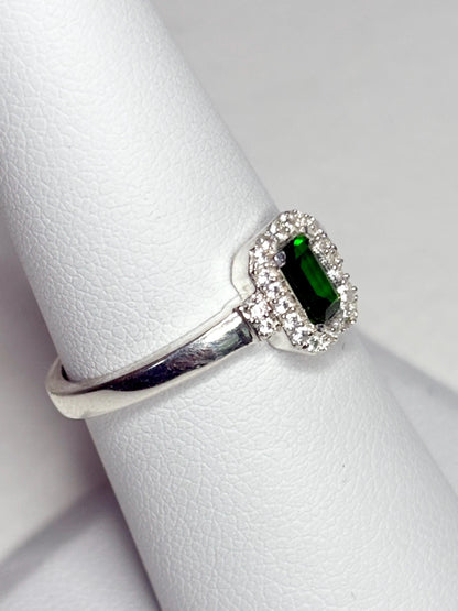 Sterling silver ring with emerald-cut chrome diopside and white zircon halo.