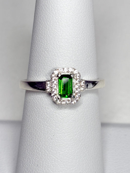 Sterling silver ring with emerald-cut chrome diopside and white zircon halo.