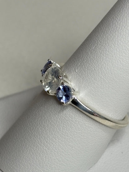 Sterling silver ring with a natural zircon and two tanzanite stones.