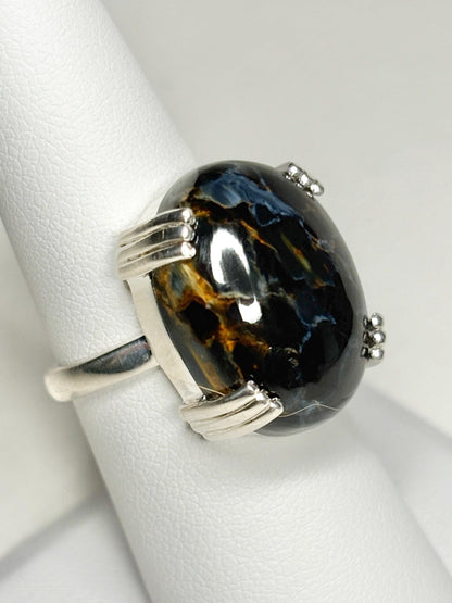 Sterling silver ring with an oval Arizona pietersite gemstone.