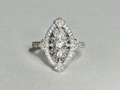 Art Deco revival navette ring in 14k white gold with diamonds.