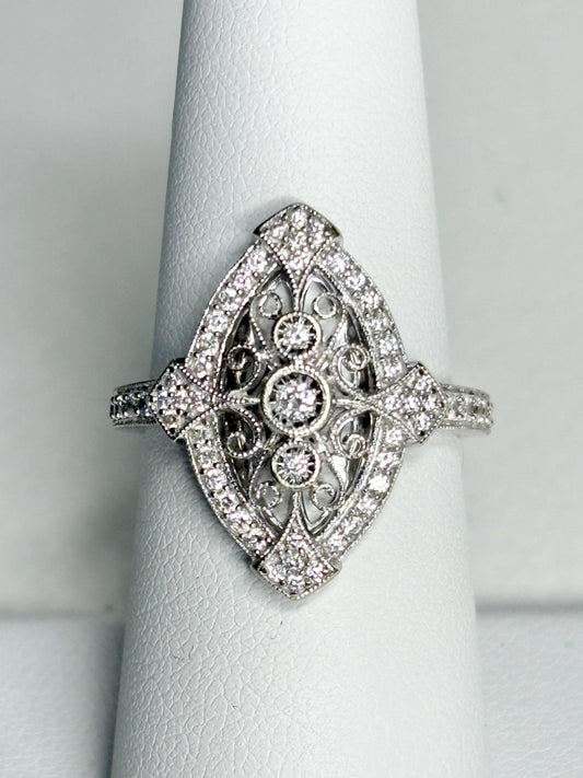 Art Deco revival navette diamond ring in 14k white gold.