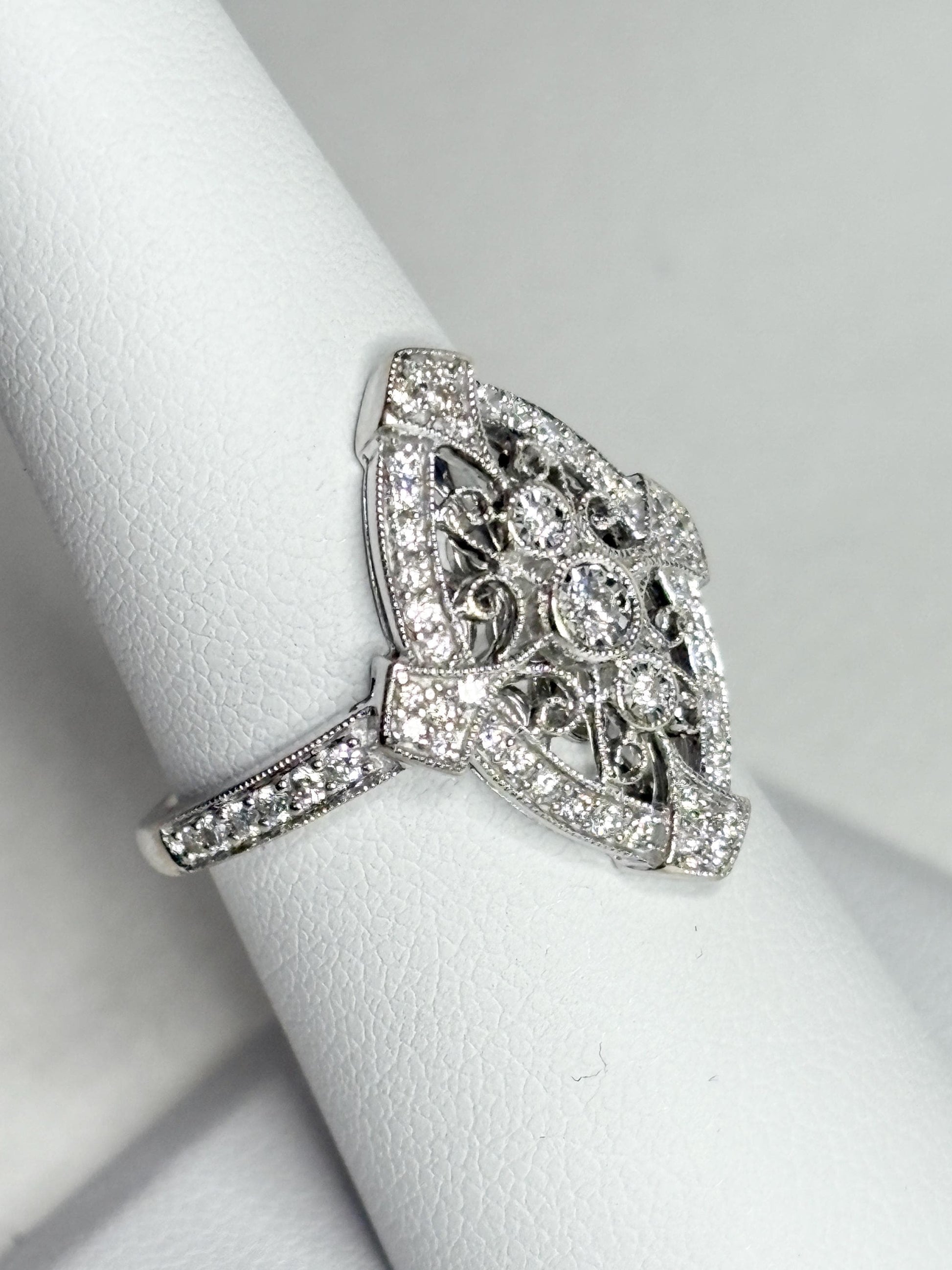 Art Deco revival navette diamond ring in 14k white gold.