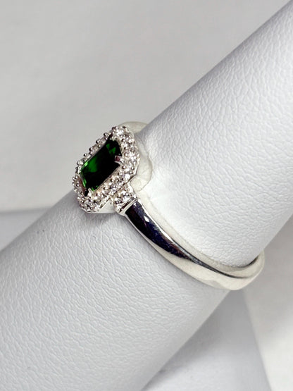 Sterling silver ring with emerald-cut chrome diopside and white zircon halo.