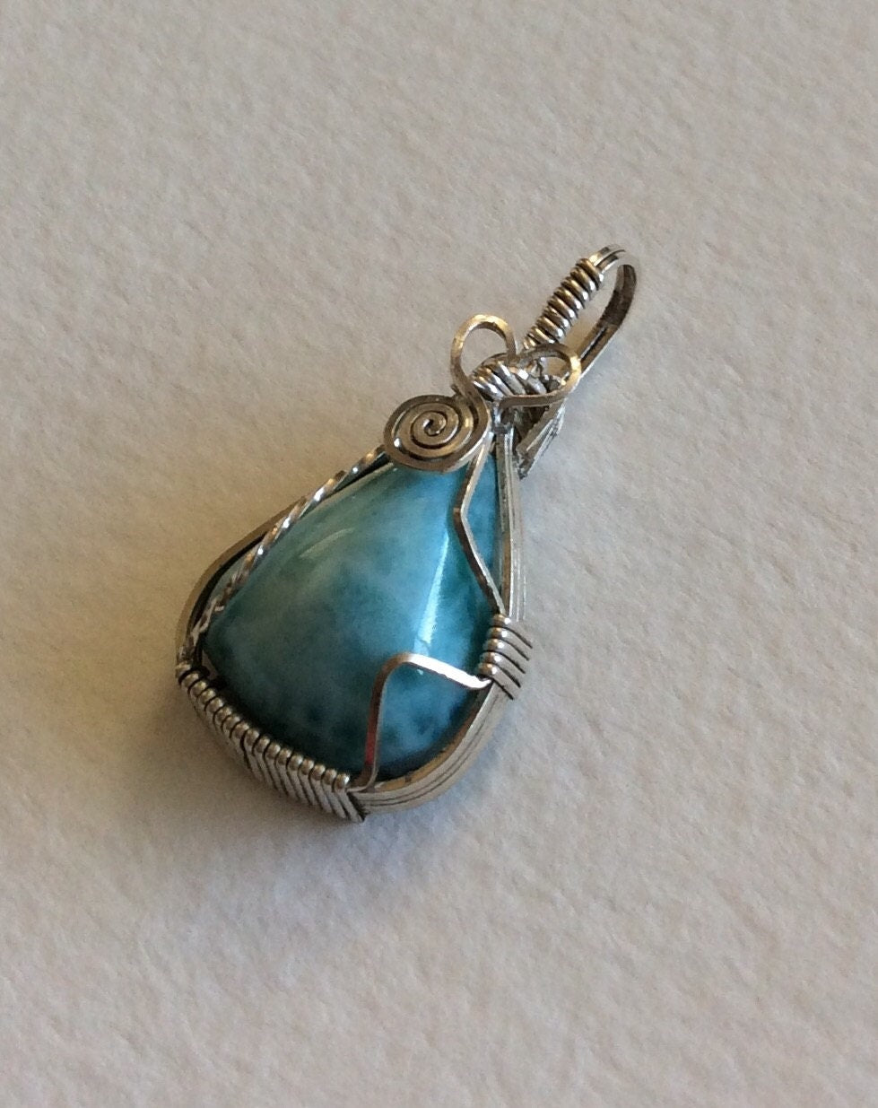 Larimar sterling silver wire wrapped pendant
