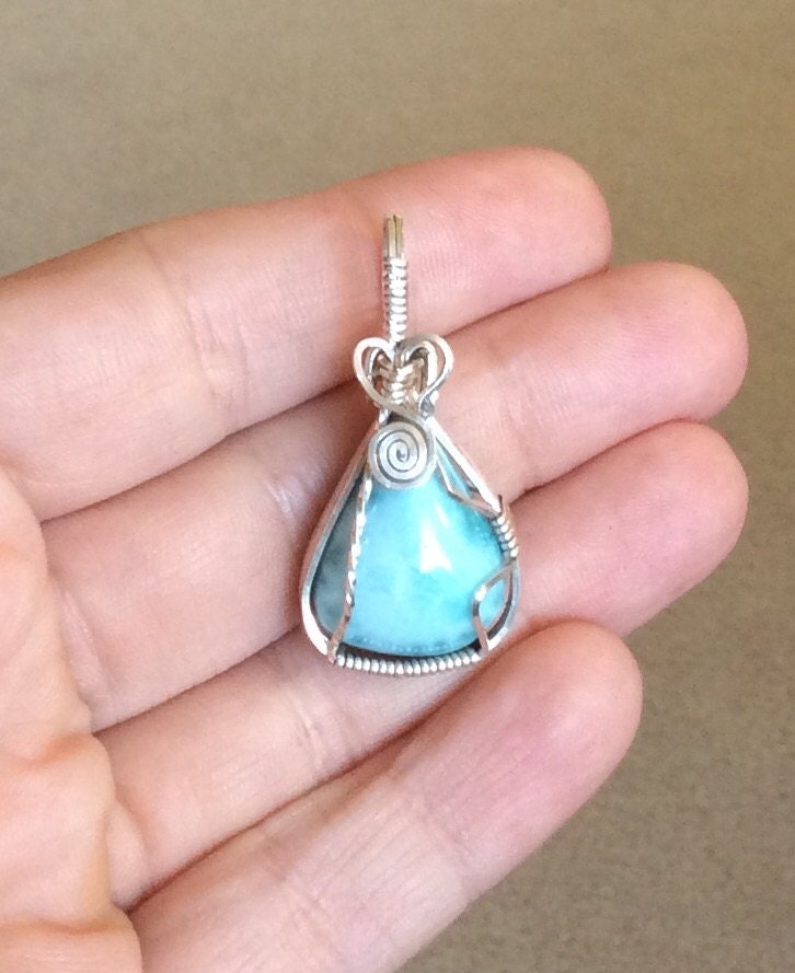 Larimar sterling silver wire wrapped pendant