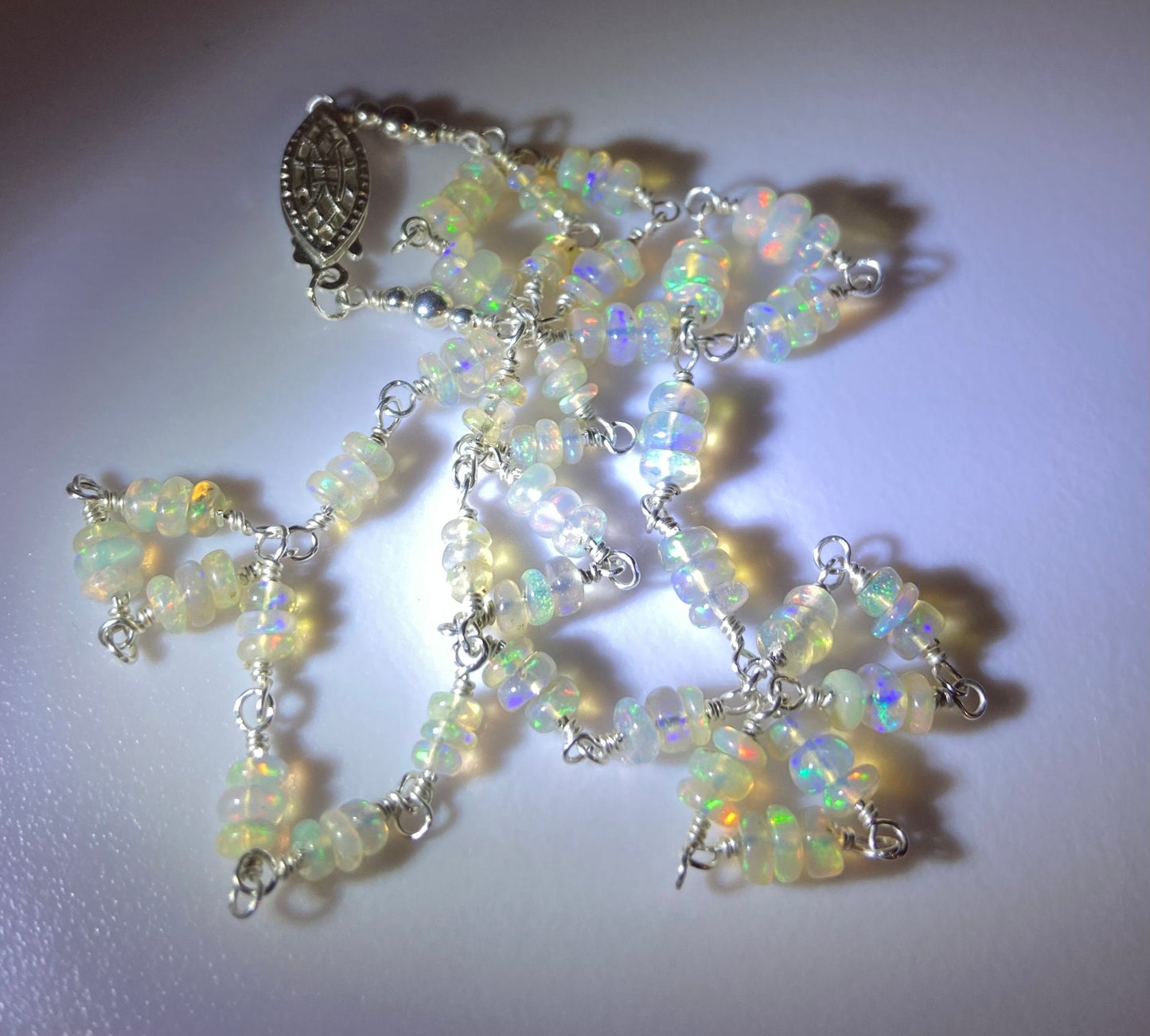 Ethiopian Wello Opal beaded necklace in solid sterling silver.