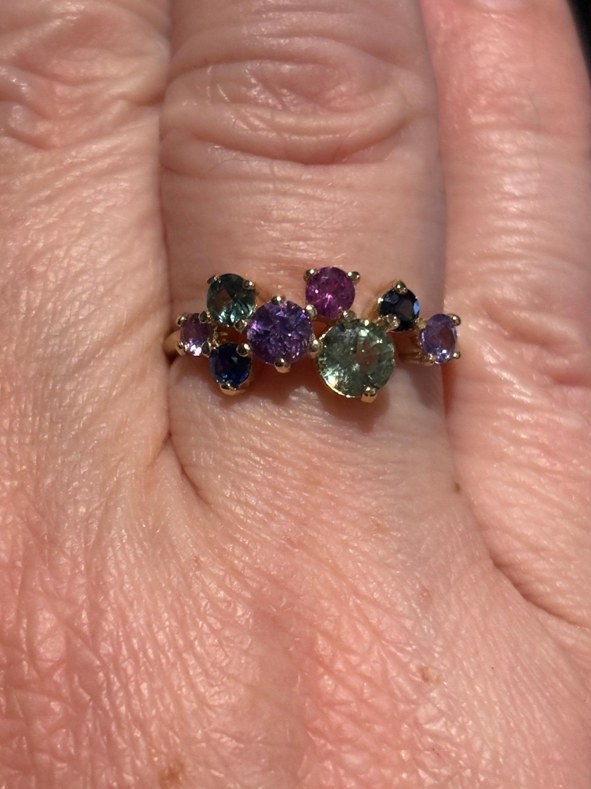 Multi-color natural sapphire ring in solid 10k gold.