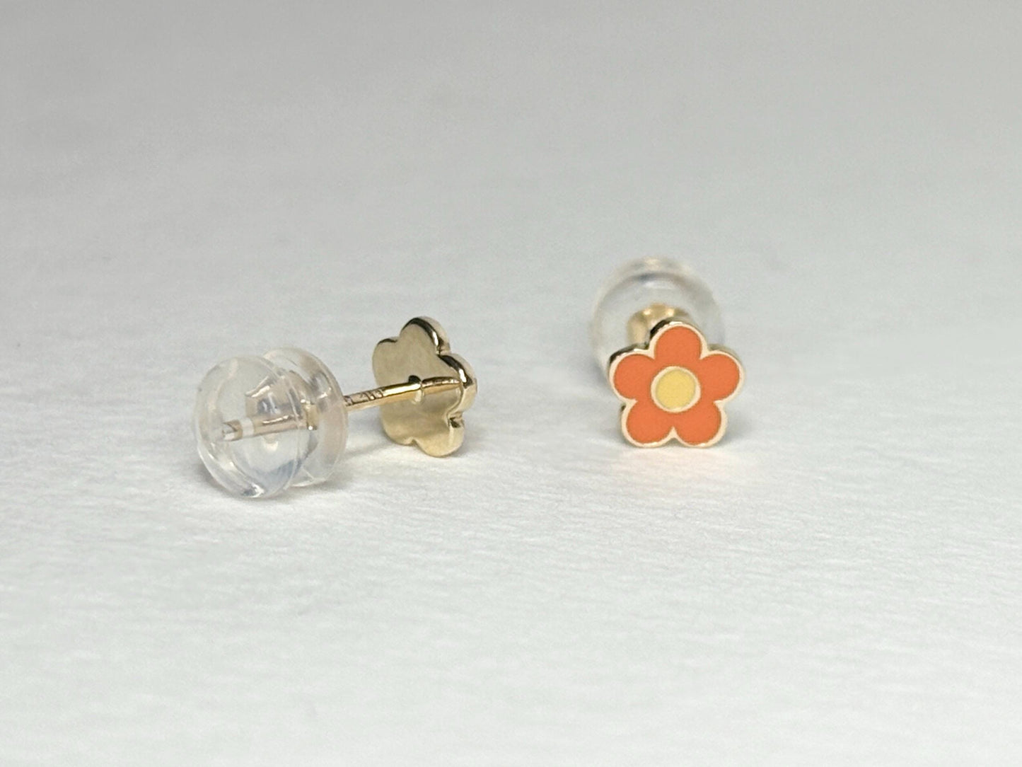 Adorable orange and yellow enamel daisy flower stud earrings in solid 14k gold.