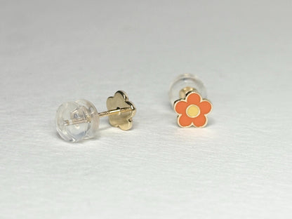 Adorable orange and yellow enamel daisy flower stud earrings in solid 14k gold.