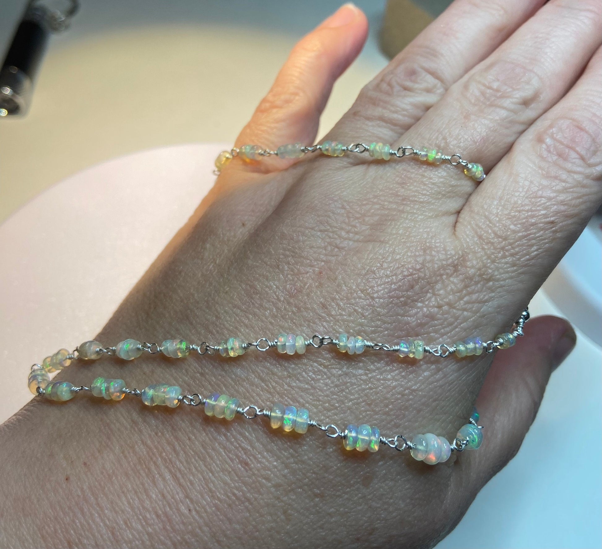 Ethiopian Wello Opal beaded necklace in solid sterling silver.