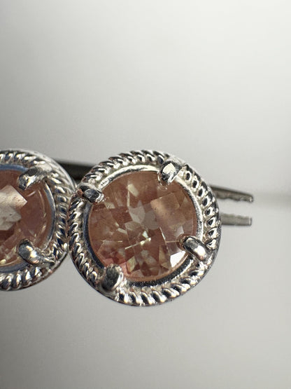 Sterling silver stud earrings with checkerboard faceted andesine gems and rope design.