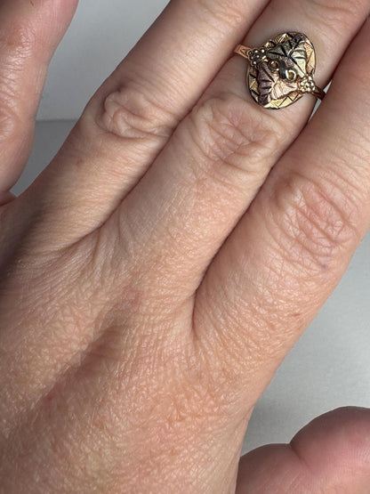 Black Hills Gold ring with 10k gold band and 12k gold leaves.