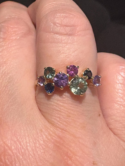 Multi-color natural sapphire ring in solid 10k gold.