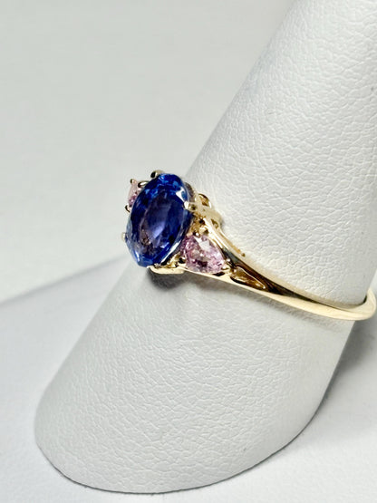 Natural tanzanite and pink sapphire ring in solid 9k gold.