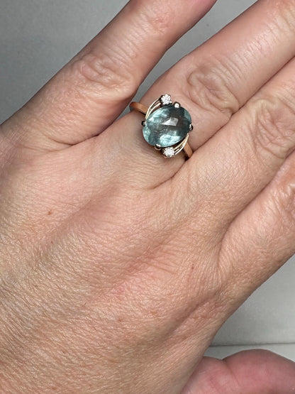 Vintage 10k gold ring with oval seafoam aquamarine beryl and diamonds.