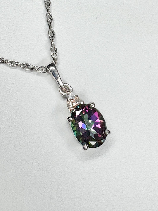 Sterling silver pendant necklace with oval mystic topaz and lab-grown diamonds.