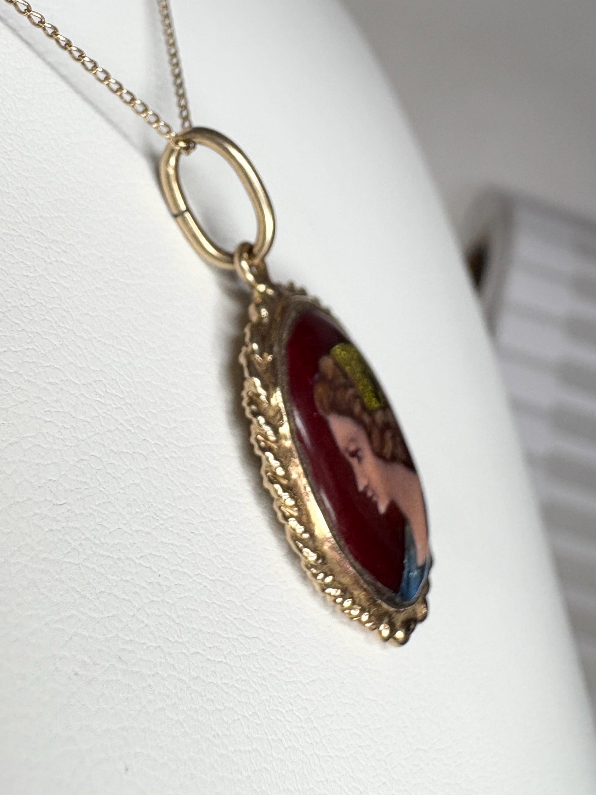 Antique French solid gold pendant necklace with guilloche enamel lady portrait.