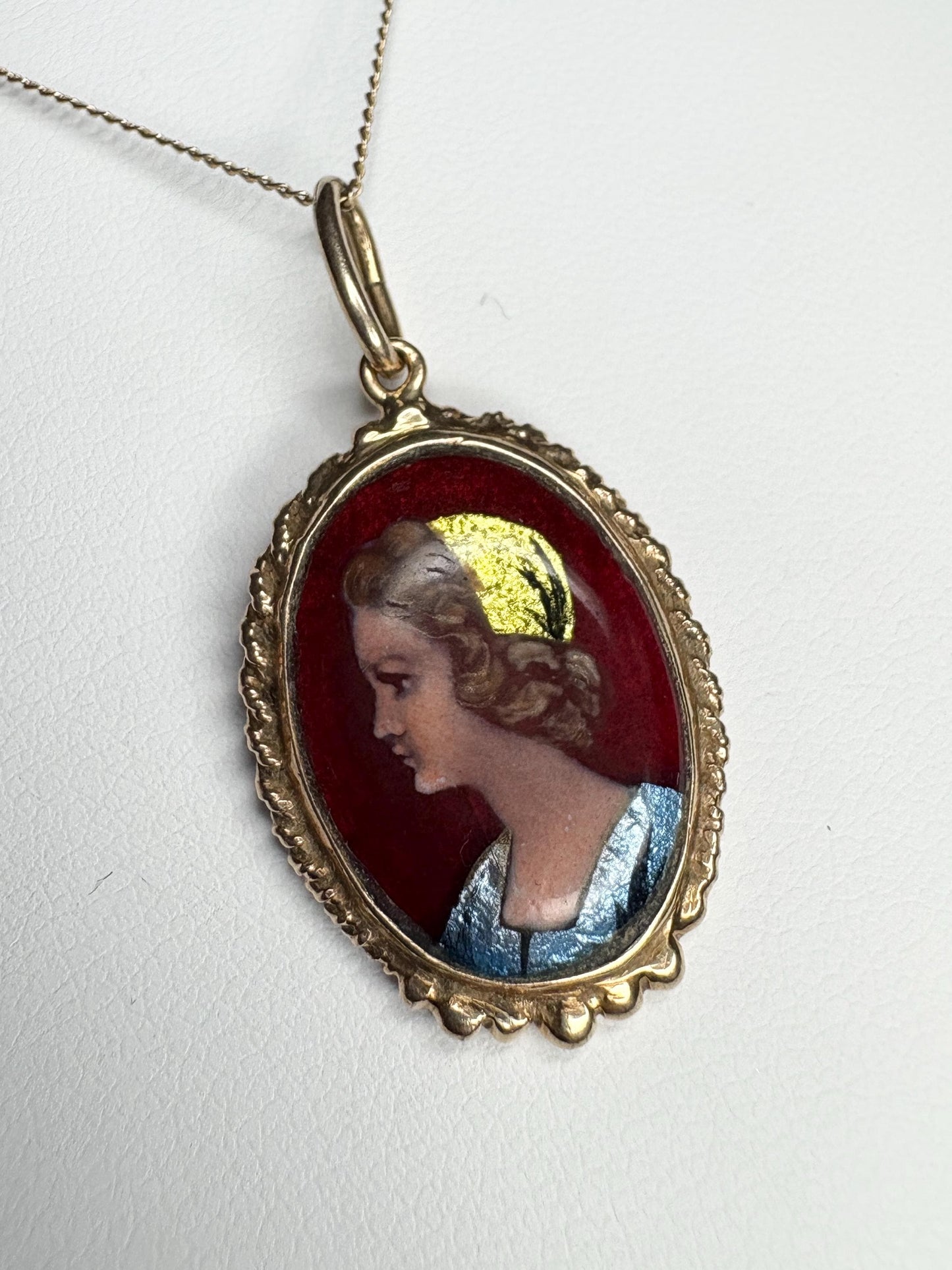 Antique French solid gold pendant necklace with guilloche enamel portrait of a lady.