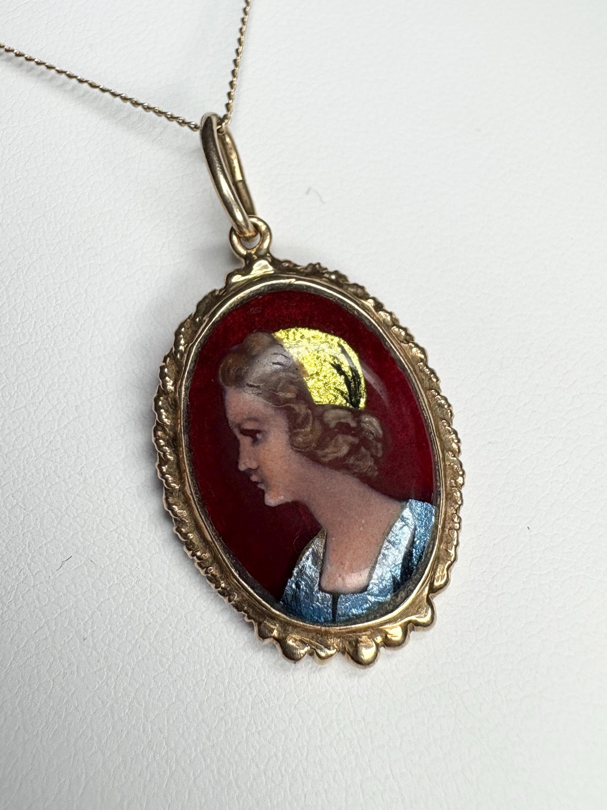 Antique French solid gold pendant necklace with guilloche enamel portrait of a lady.