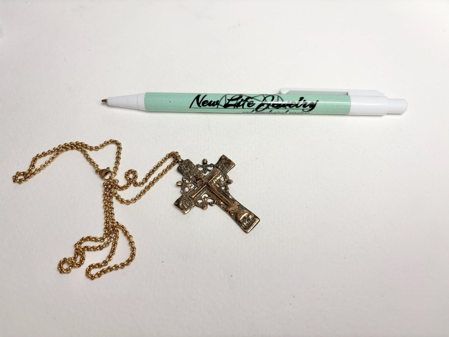 Large ancient Russian Orthodox bronze cross pendant on an 18" chain.