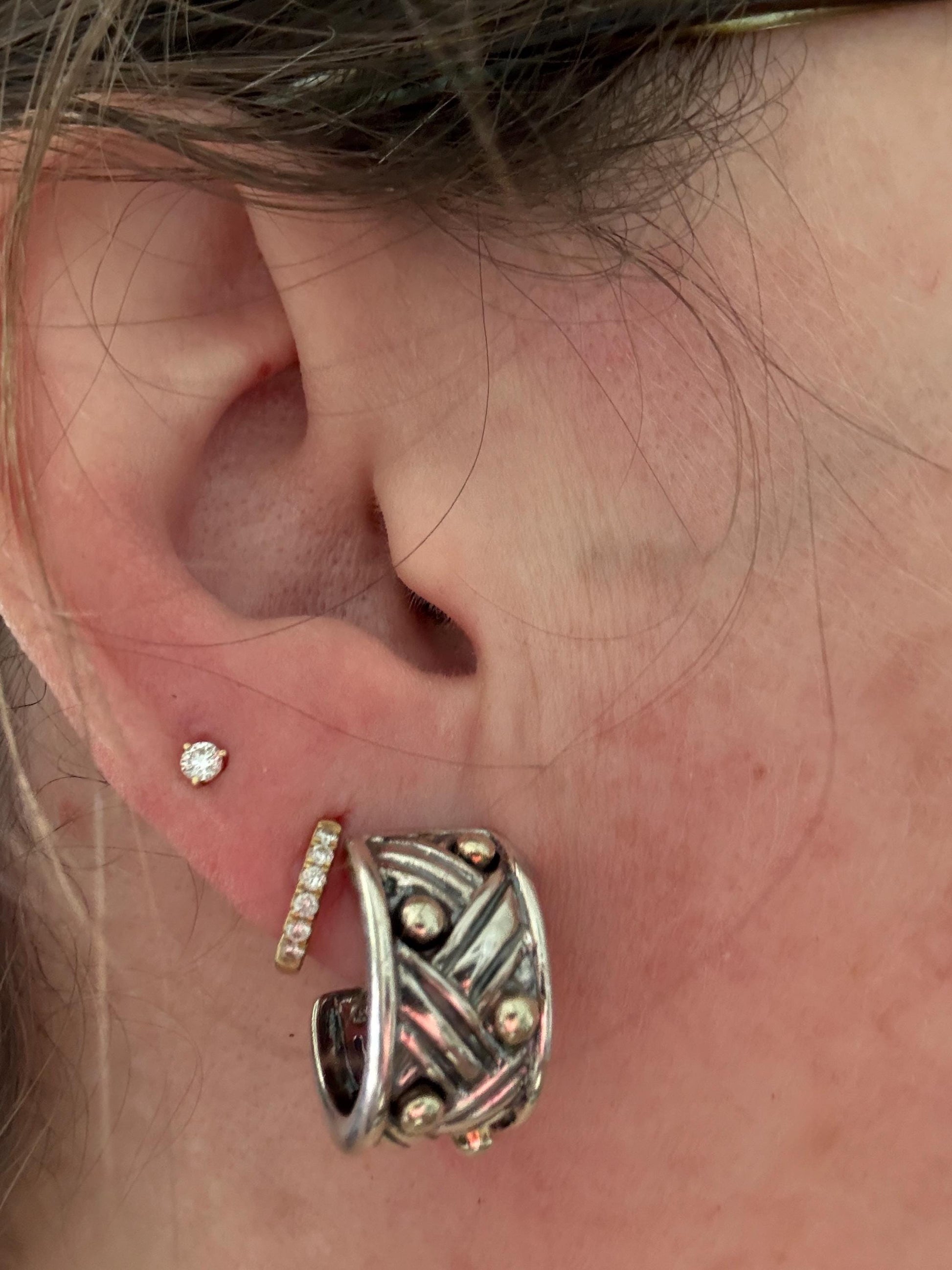 Ann King wide woven dotted hoop earrings in solid 18k and sterling silver.