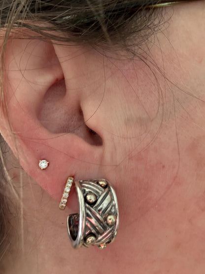 Ann King wide woven dotted hoop earrings in solid 18k and sterling silver.