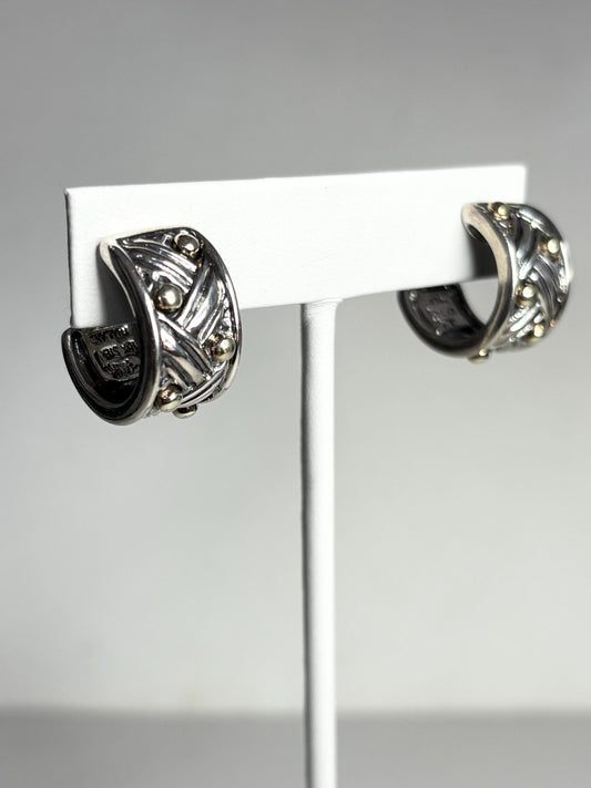 Ann King wide woven hoop earrings in 18k gold and sterling silver.