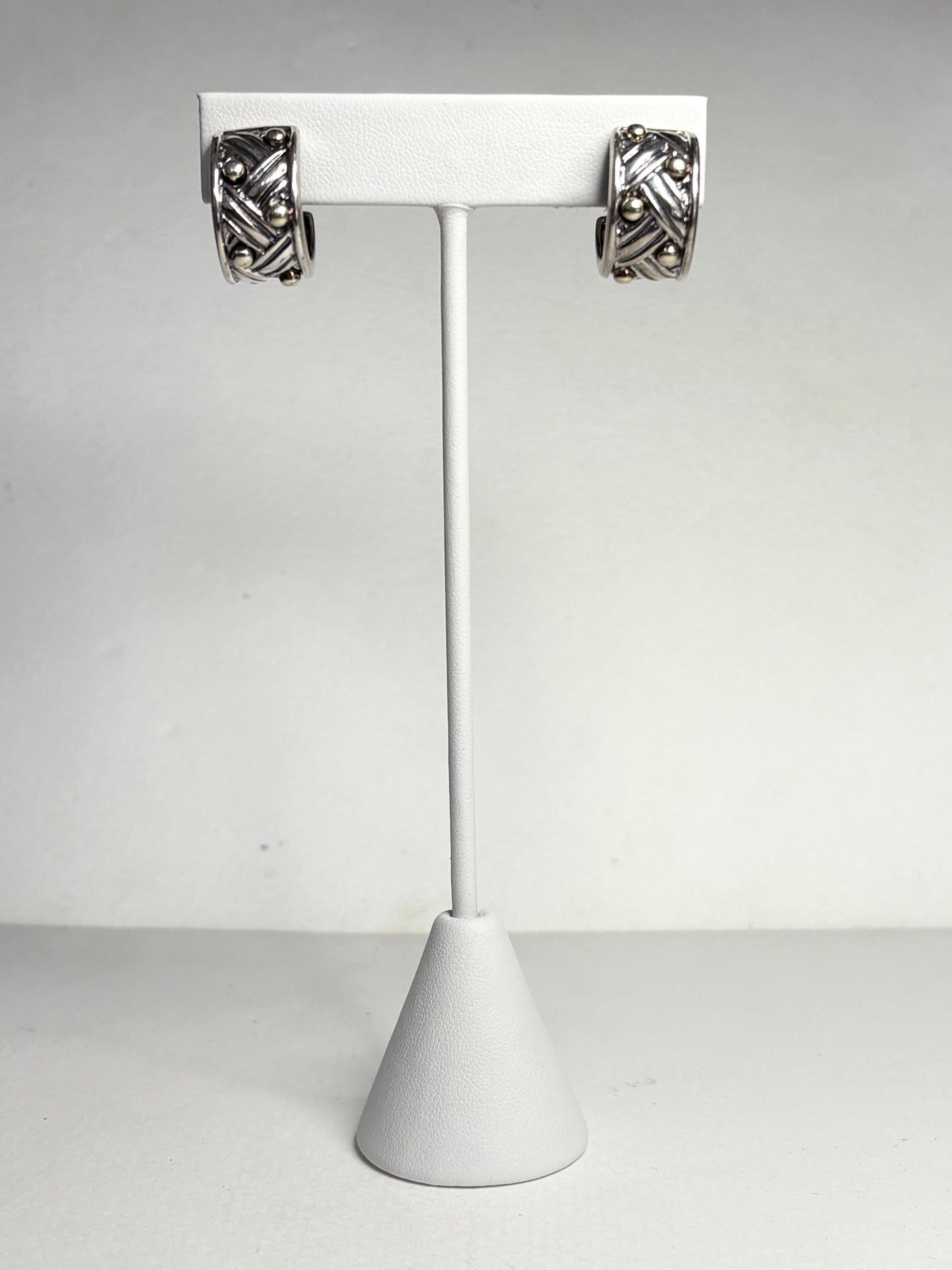 Ann King wide woven dotted hoop earrings in solid 18k and sterling silver.