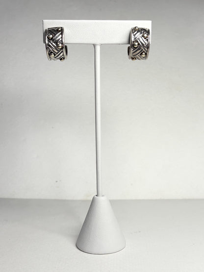 Ann King wide woven dotted hoop earrings in solid 18k and sterling silver.