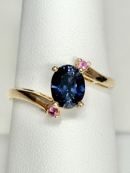 Untreated Umba Color Change Sapphire and Rhodolite Garnet Bypass Ring Solid 14k Gold size 8