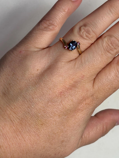 Untreated Umba Color Change Sapphire and Rhodolite Garnet Bypass Ring Solid 14k Gold size 8