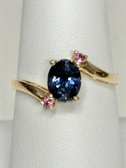 Untreated Umba Color Change Sapphire and Rhodolite Garnet Bypass Ring Solid 14k Gold size 8