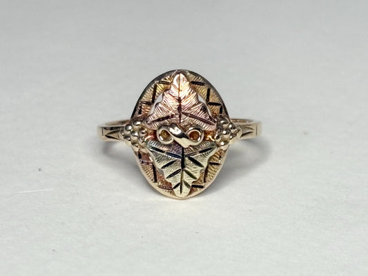 Black Hills Gold ring with 10k gold band and 12k gold leaves.