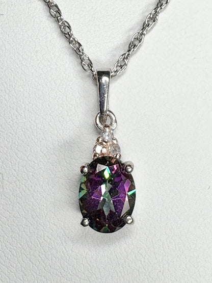 Sterling silver pendant necklace with oval mystic topaz and lab-grown diamonds.