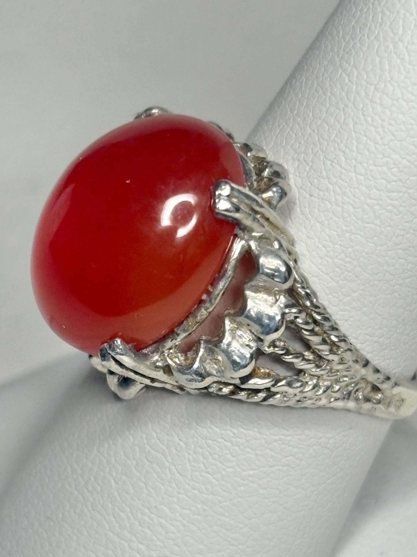 Sterling silver ring with a red carnelian cabochon.