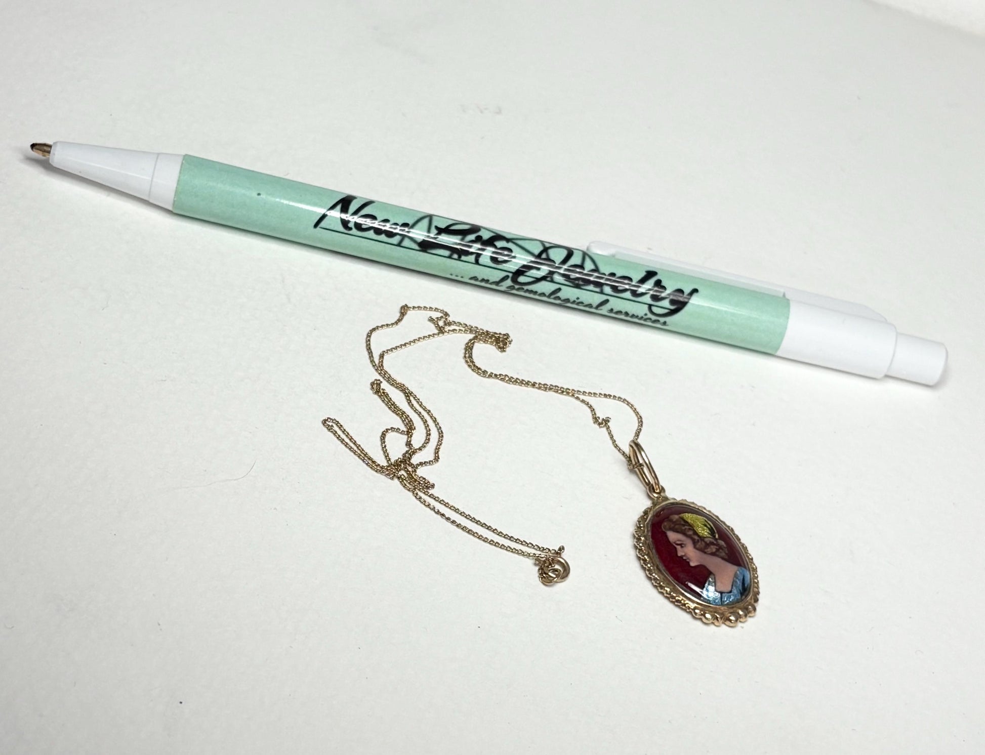 Antique French guilloche enamel lady portrait solid gold pendant necklace.