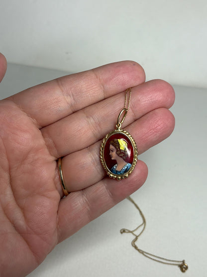 Antique French solid gold pendant necklace with guilloche enamel portrait.