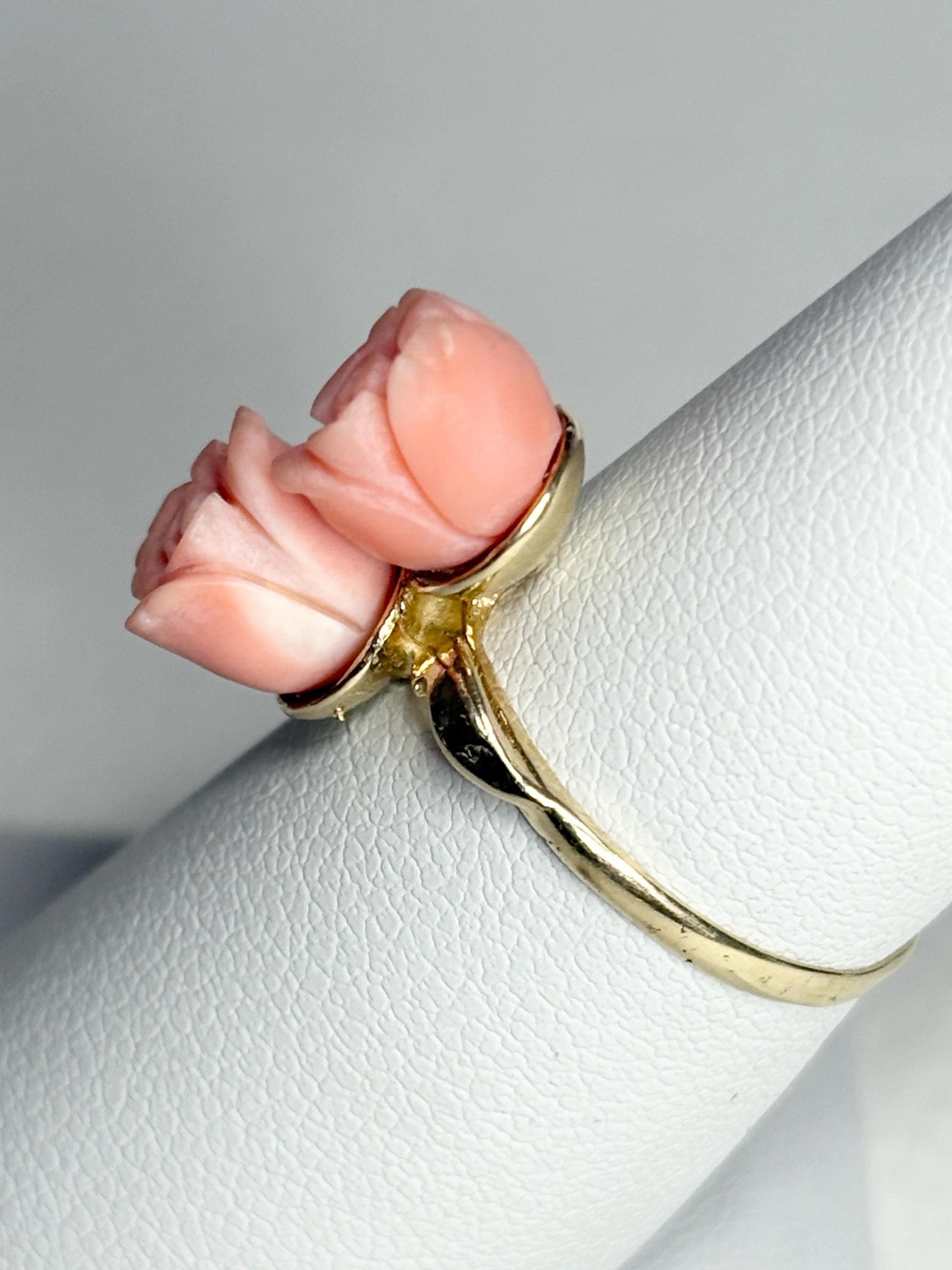 10k gold ring with two angel skin coral rose buds.