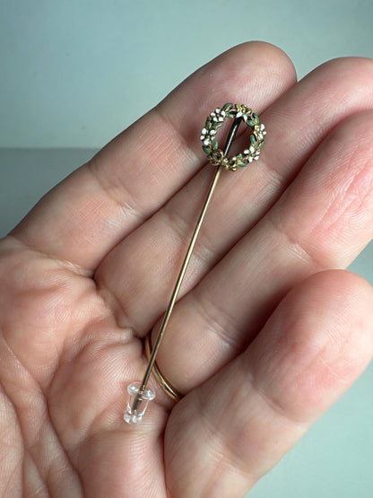 Solid 14k gold stick pin with a garland floral wreath design.