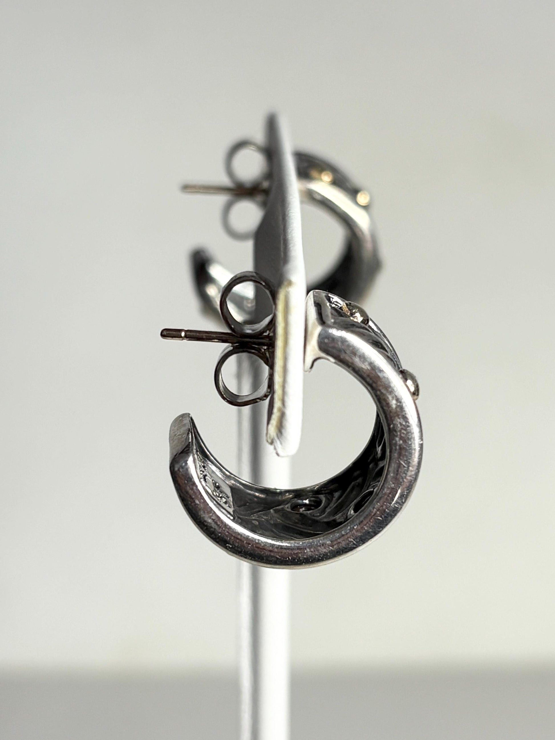 Ann King wide woven dotted hoop earrings in solid 18k and sterling silver.