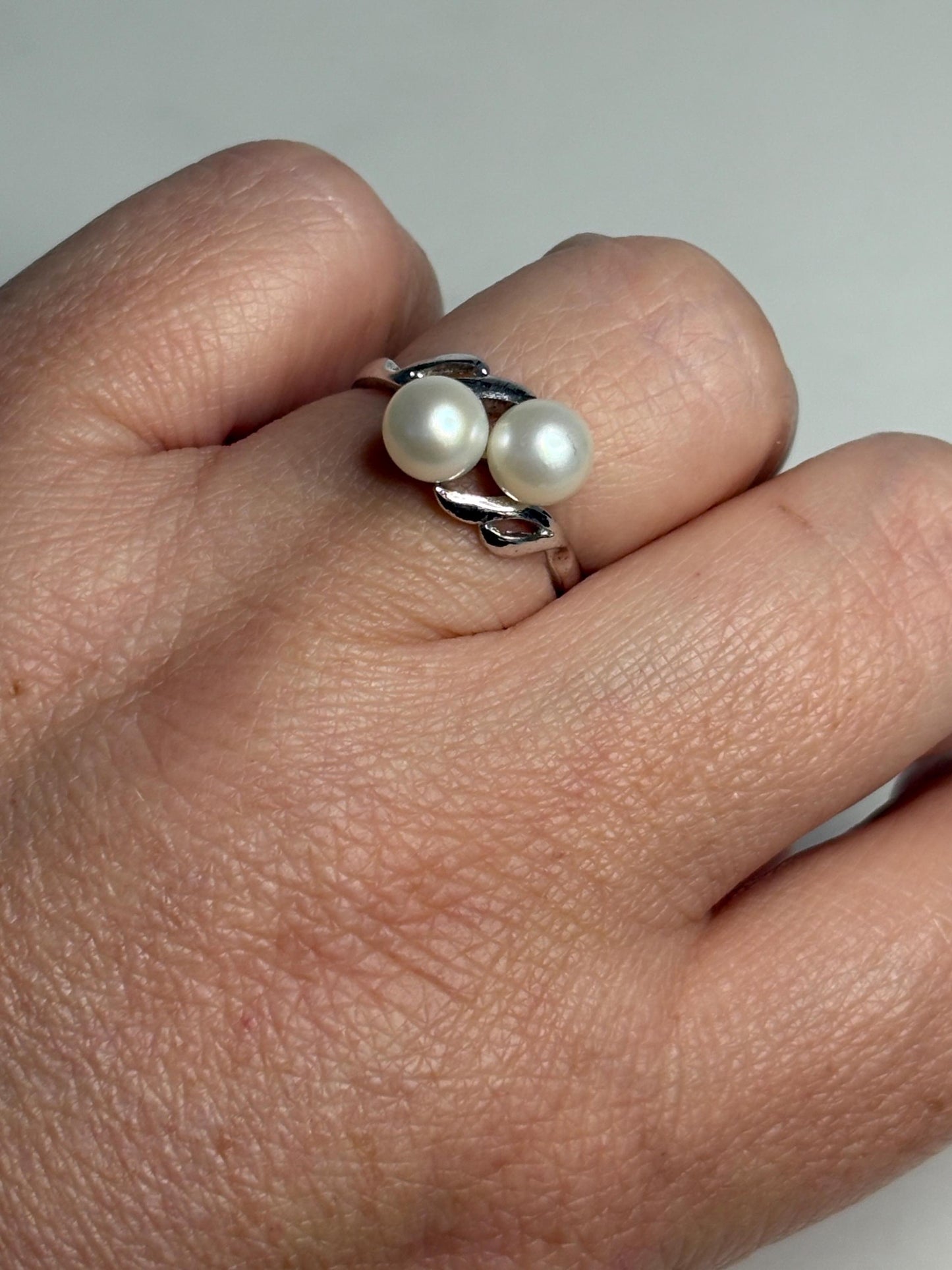 Vintage rhodium plated sterling silver ring with two Akoya pearls.
