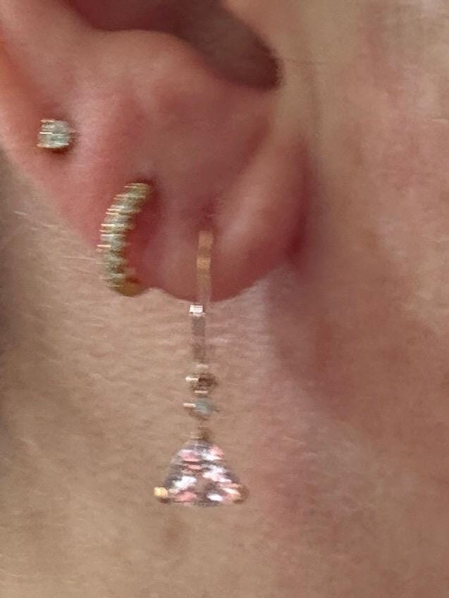 Trillion morganite and diamond dangle drop earrings in 10k rose gold.