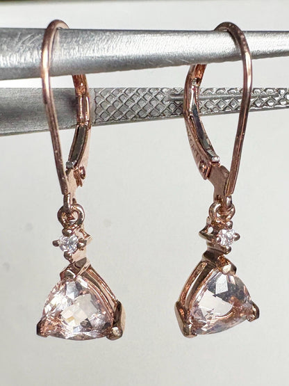 Trillion morganite and diamond dangle drop lever back earrings in 10k rose gold.