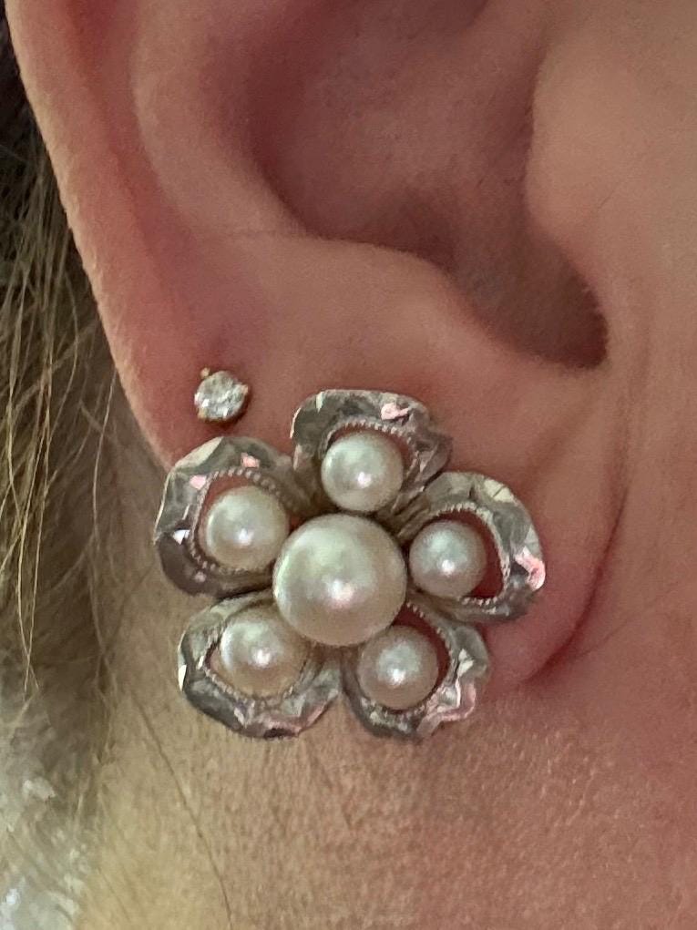Vintage Japanese Akoya cultured pearl cluster earrings in detailed solid sterling silver.