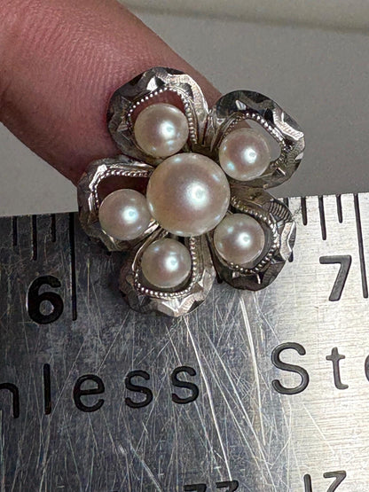 Vintage Japanese Akoya pearl cluster earrings in detailed sterling silver.