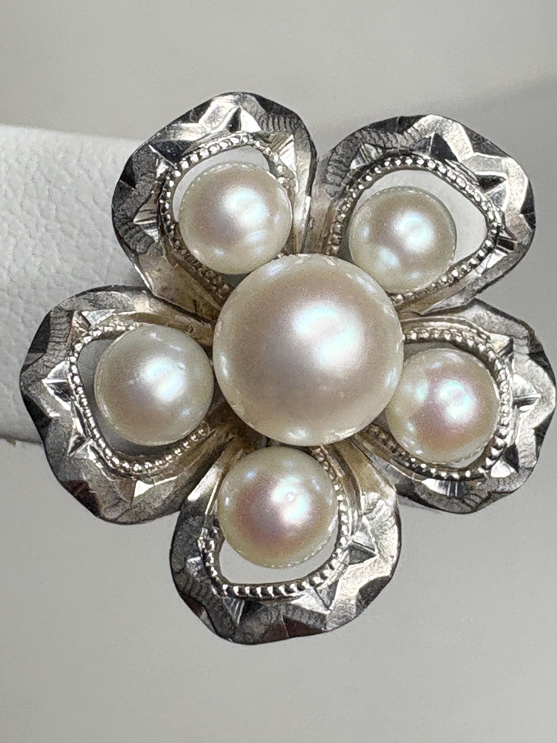 Vintage Japanese Akoya cultured pearl cluster earrings in detailed solid sterling silver.