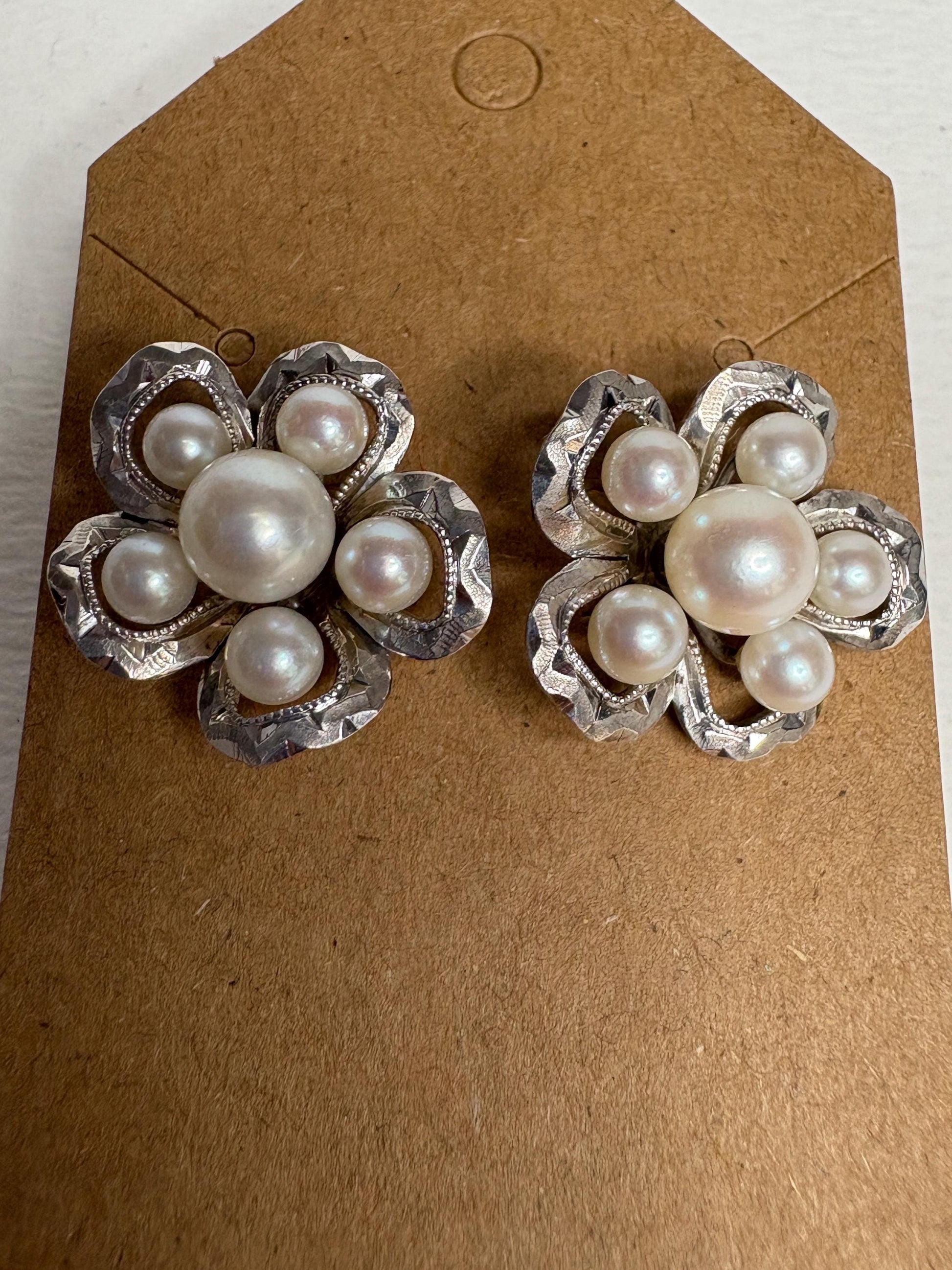 Vintage Japanese Akoya pearl cluster earrings in detailed sterling silver.