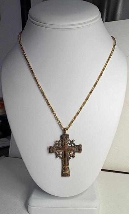 Large ancient Russian Orthodox bronze cross pendant necklace on an 18 inch chain.